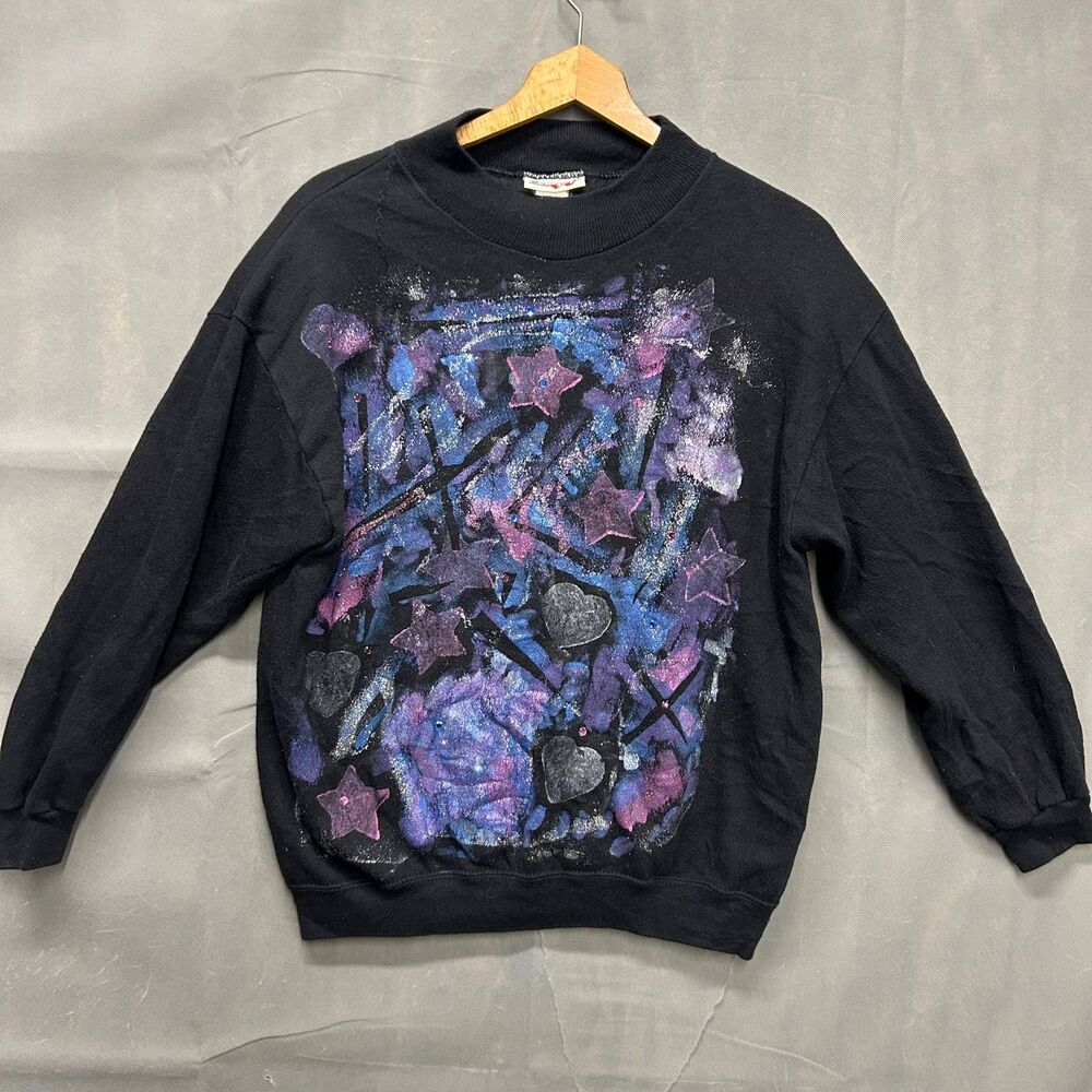 Vintage Bassett-Walker Women’s Sweatshirt Abstract Star Heart Black Purple Sz M